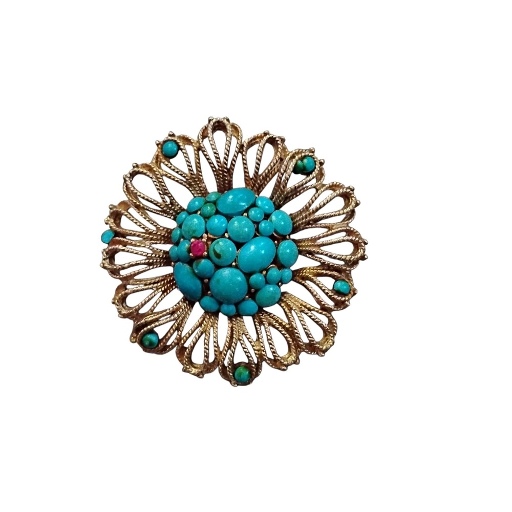 Vintage Capri Faux Turquoise Flower Brooch Pin Faux Ruby Center 1960s Gold Tone